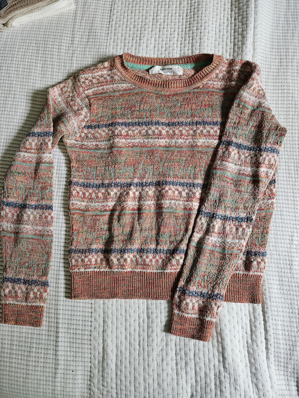 sparrow From Anthropology Multicolor Sweater with Coral, Blue & Green Accents